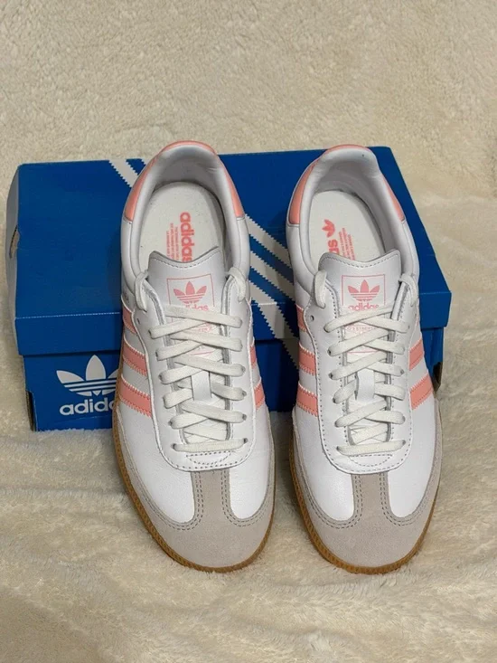 Like new, worn once - Adidas Samba White Sneakers with Pink Stripes - Picture 1 of 4